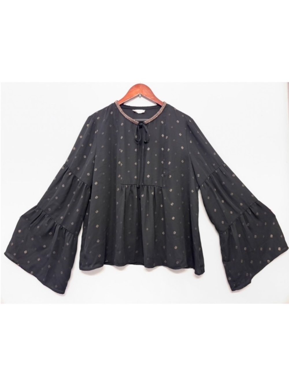 Altar'd‎ State Black Gold Blouse Beaded Neckline Bell Sleeves Boho Whimsigoth XL